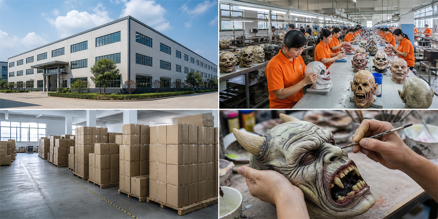 HXJC latex mask factory production, hand painting, quality control and export packaging